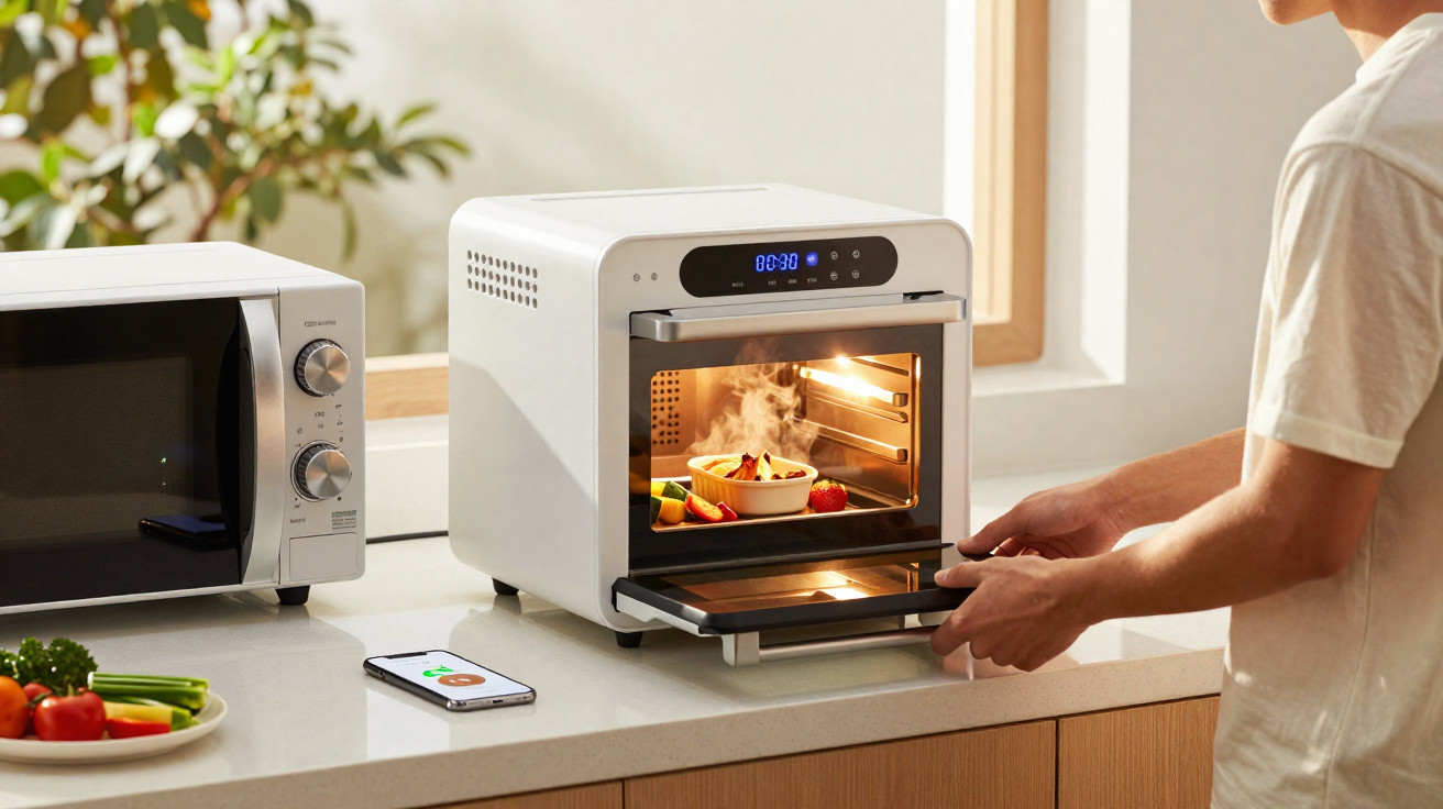 Pessoa usando forno elétrico branco para aquecer alimento enquanto micro-ondas está ao lado na cozinha.