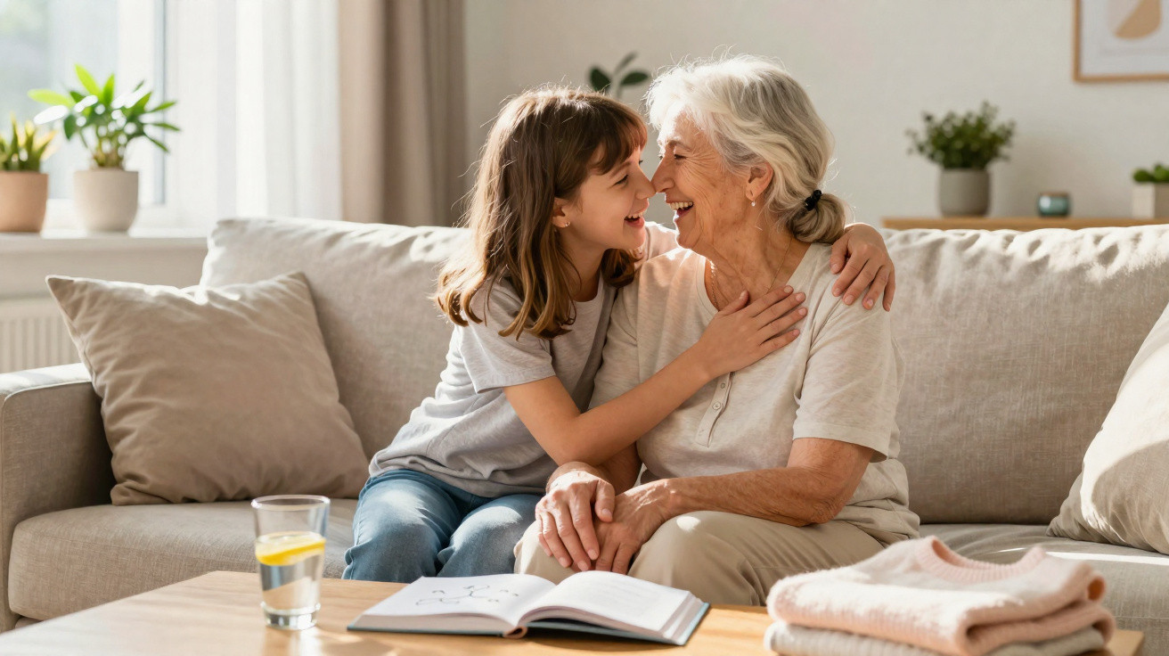 Menina e avó sentadas no sofá, sorrindo e abraçadas, com livro aberto na mesa à frente.