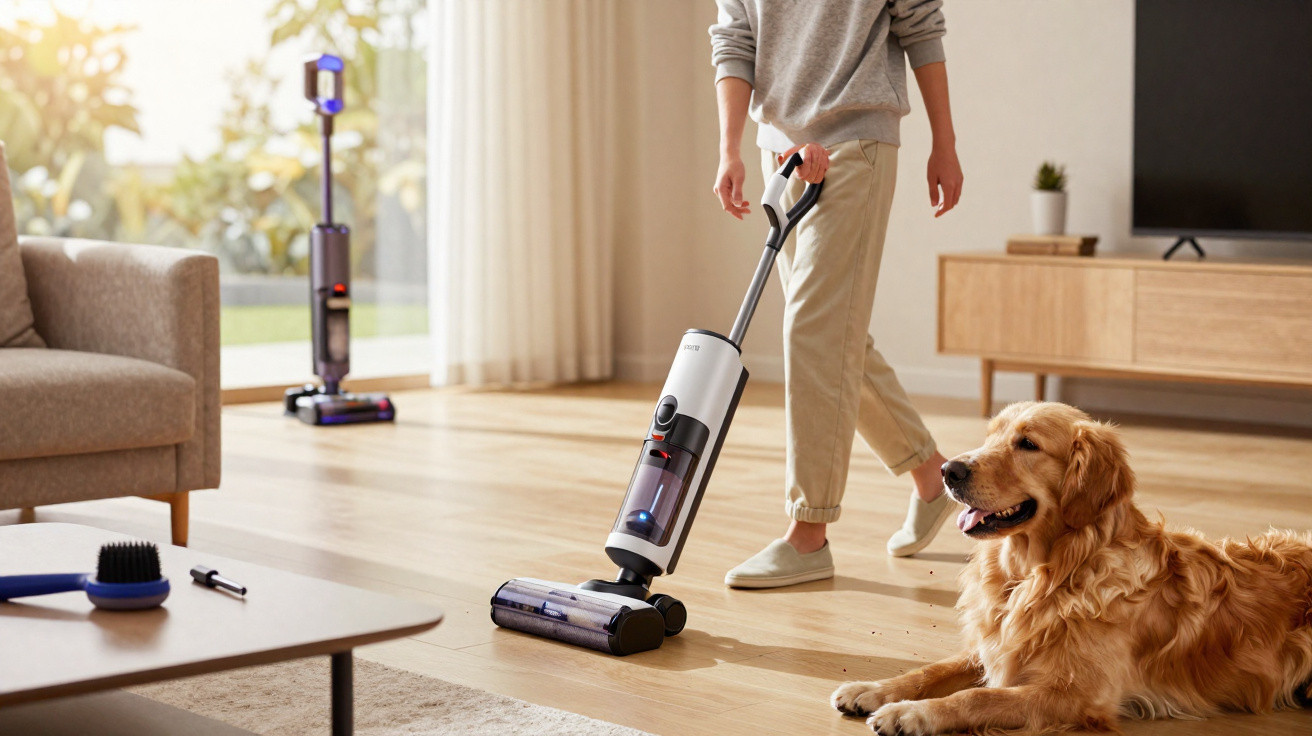Pessoa limpando chão de sala com aspirador vertical próximo a cachorro dourado deitado.