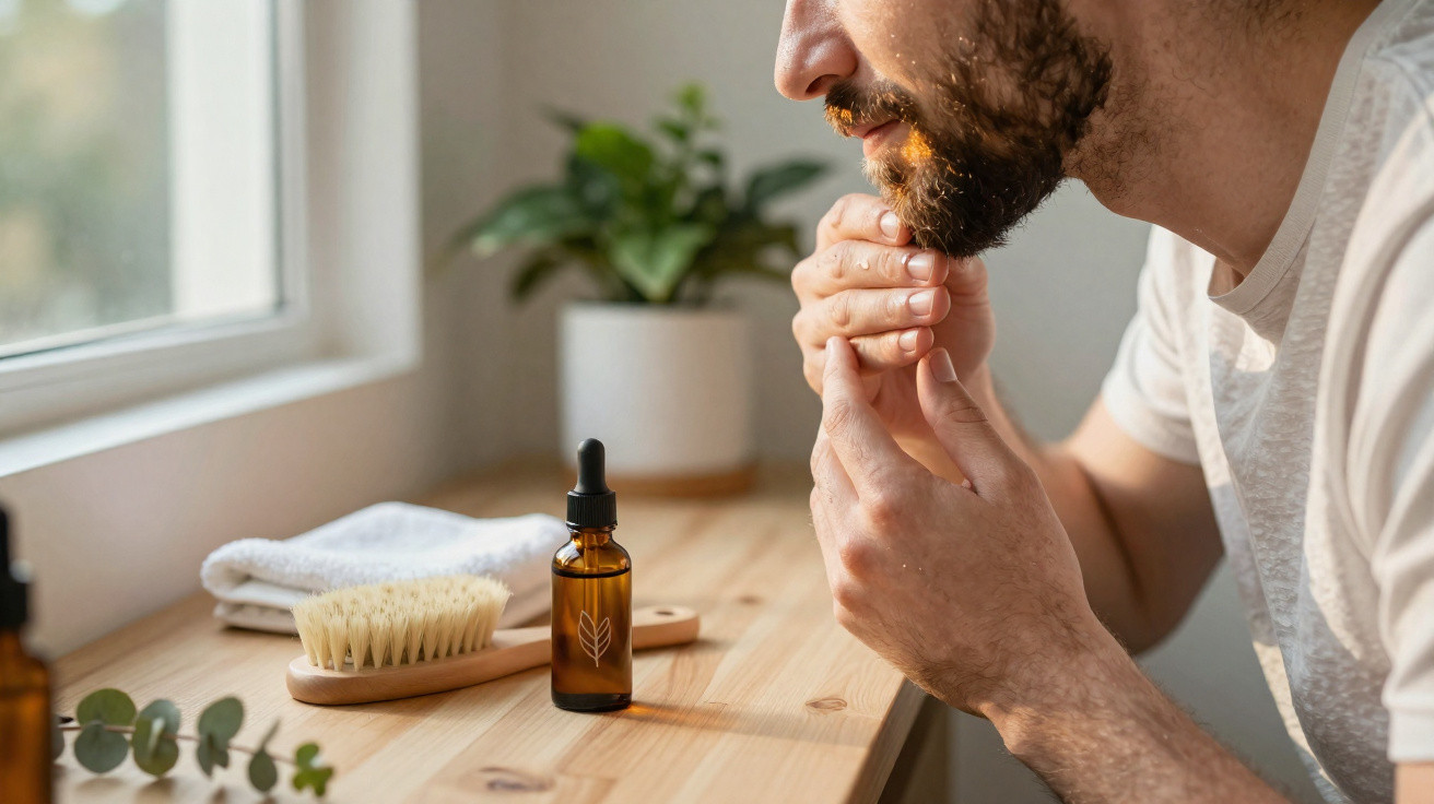 Homem cuidando da barba com óleo, escova e toalha sobre mesa de madeira perto da janela.
