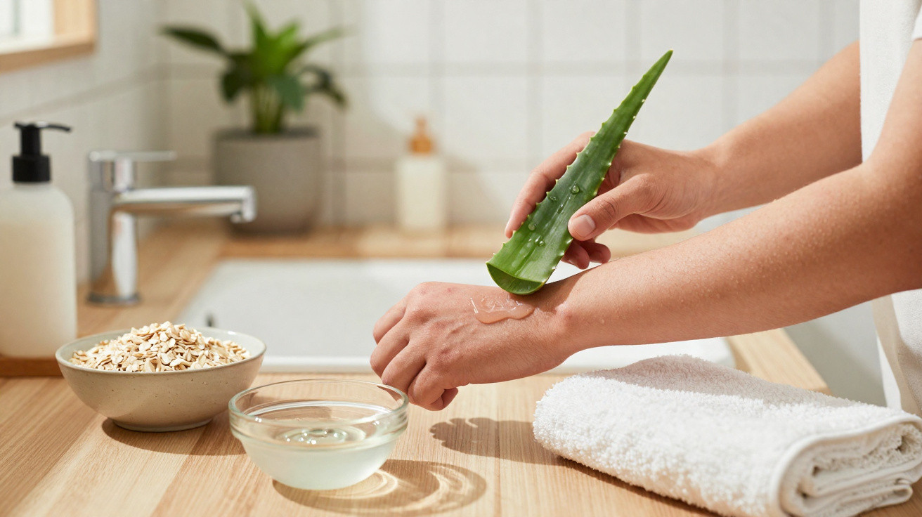 Pessoa aplicando gel de aloe vera no braço em bancada com toalha, tigelas de aveia e líquido transparente.