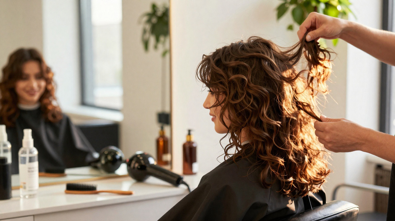 Mulher com cabelo cacheado sendo atendida por cabeleireiro em salão de beleza, refletida no espelho.