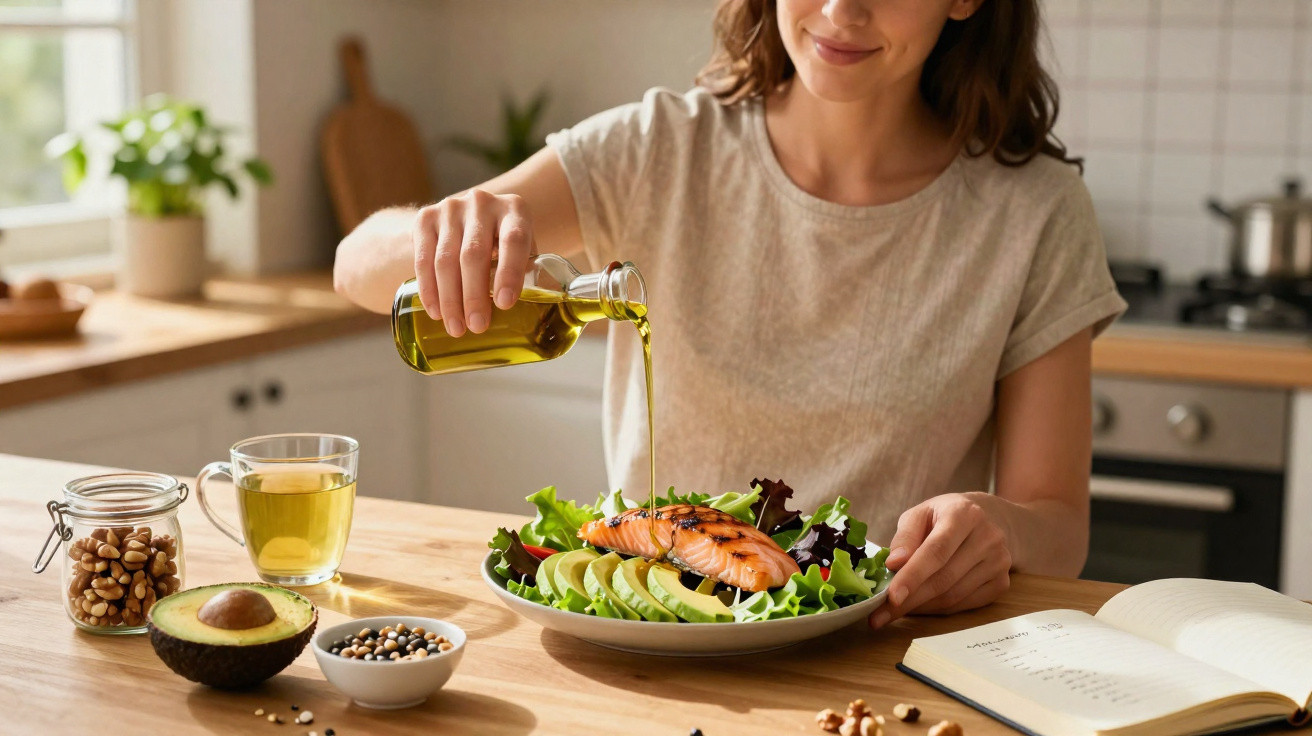 Mulher regando salada com azeite de oliva, com abacate, castanhas e chá sobre a mesa na cozinha.