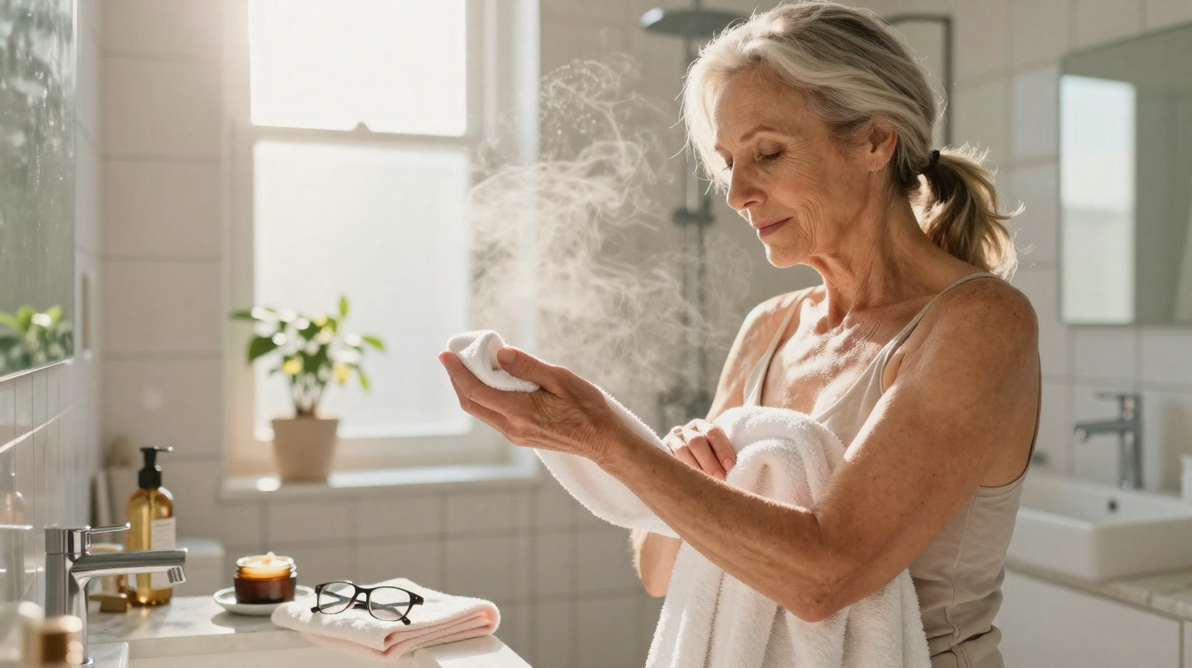 Mulher madura segurando toalha quente e soltando vapor em banheiro iluminado por luz natural.