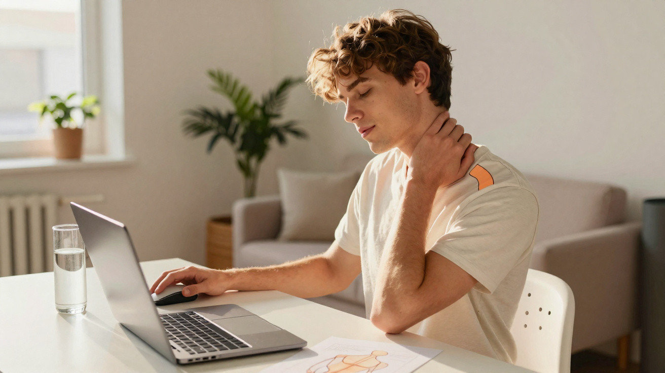 Homem sentado em mesa com laptop, segurando o pescoço em sinal de dor ou cansaço.