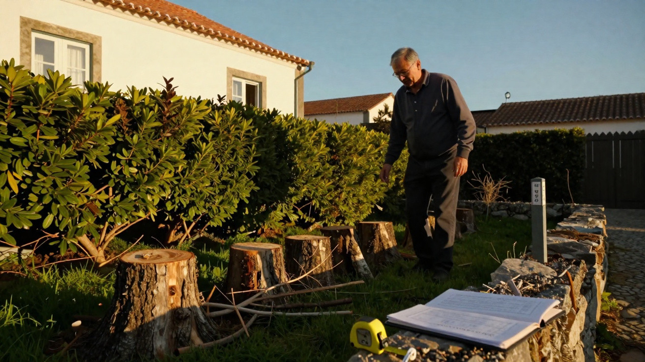 Homem observa tocos de árvores cortadas em jardim com plantas e casas ao fundo ao entardecer.