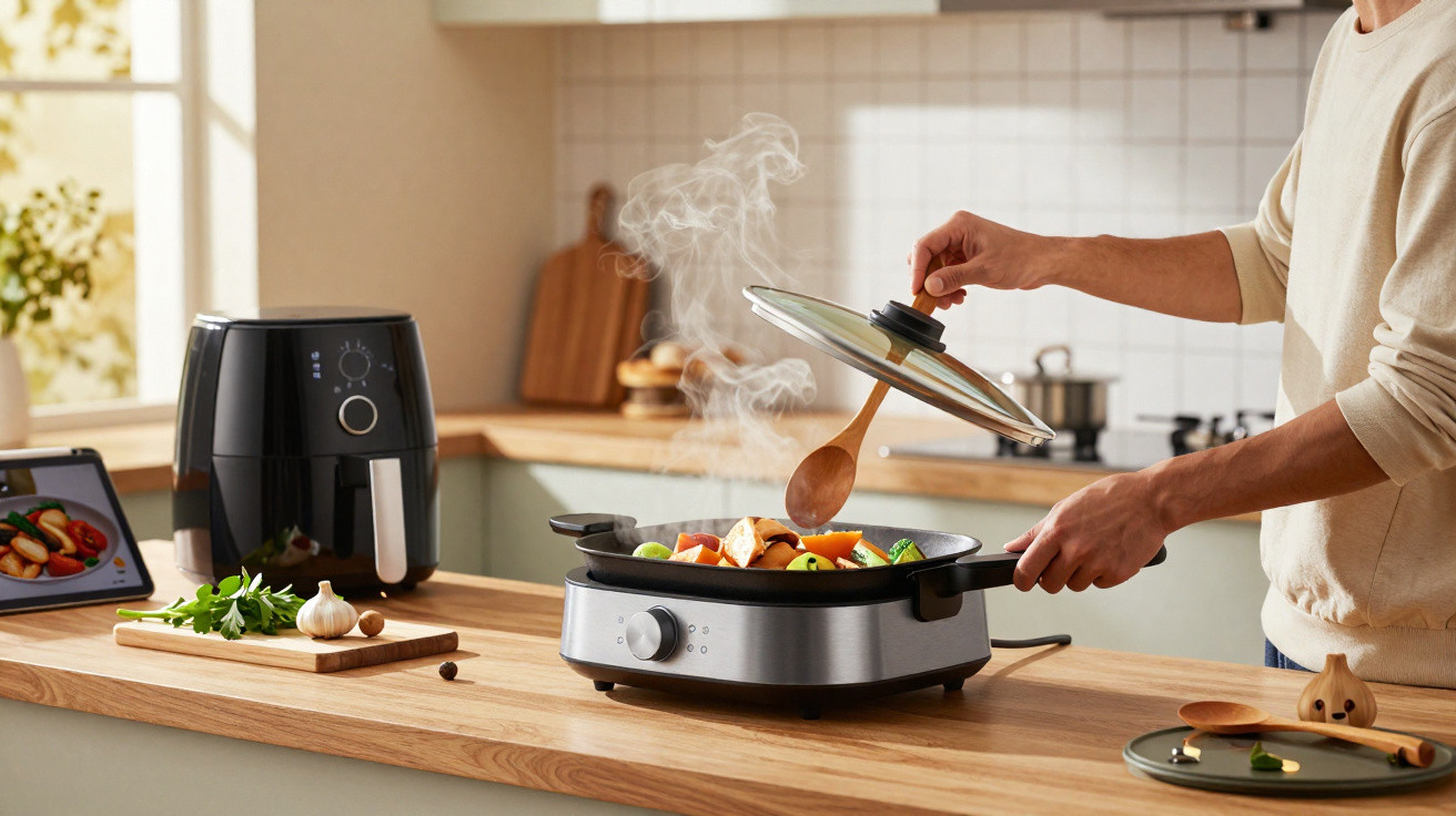 Pessoa mexe legumes em frigideira elétrica com vapor saindo, em cozinha iluminada com bancada de madeira.