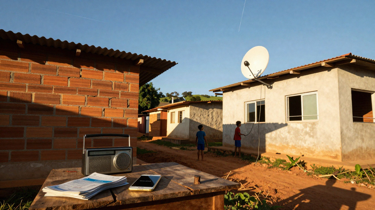 Casas simples de alvenaria, crianças brincando e mesa com rádio, celular e papéis ao ar livre.