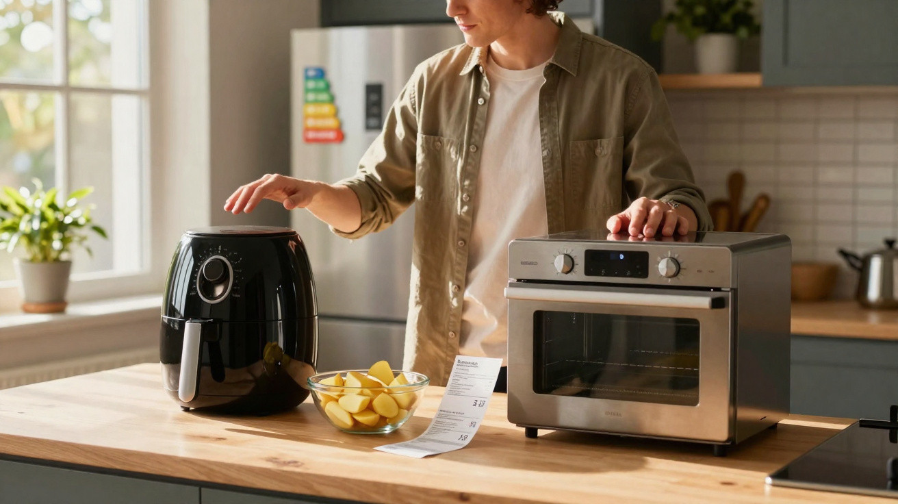 Pessoa usando freidora elétrica ao lado de forno elétrico e tigela com batatas na cozinha moderna.
