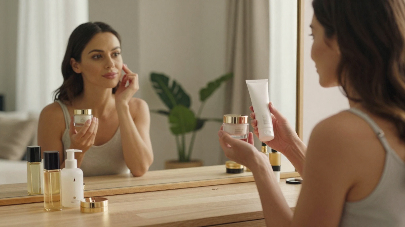 Mulher aplicando creme facial, olhando no espelho com frascos de cosméticos sobre a mesa.