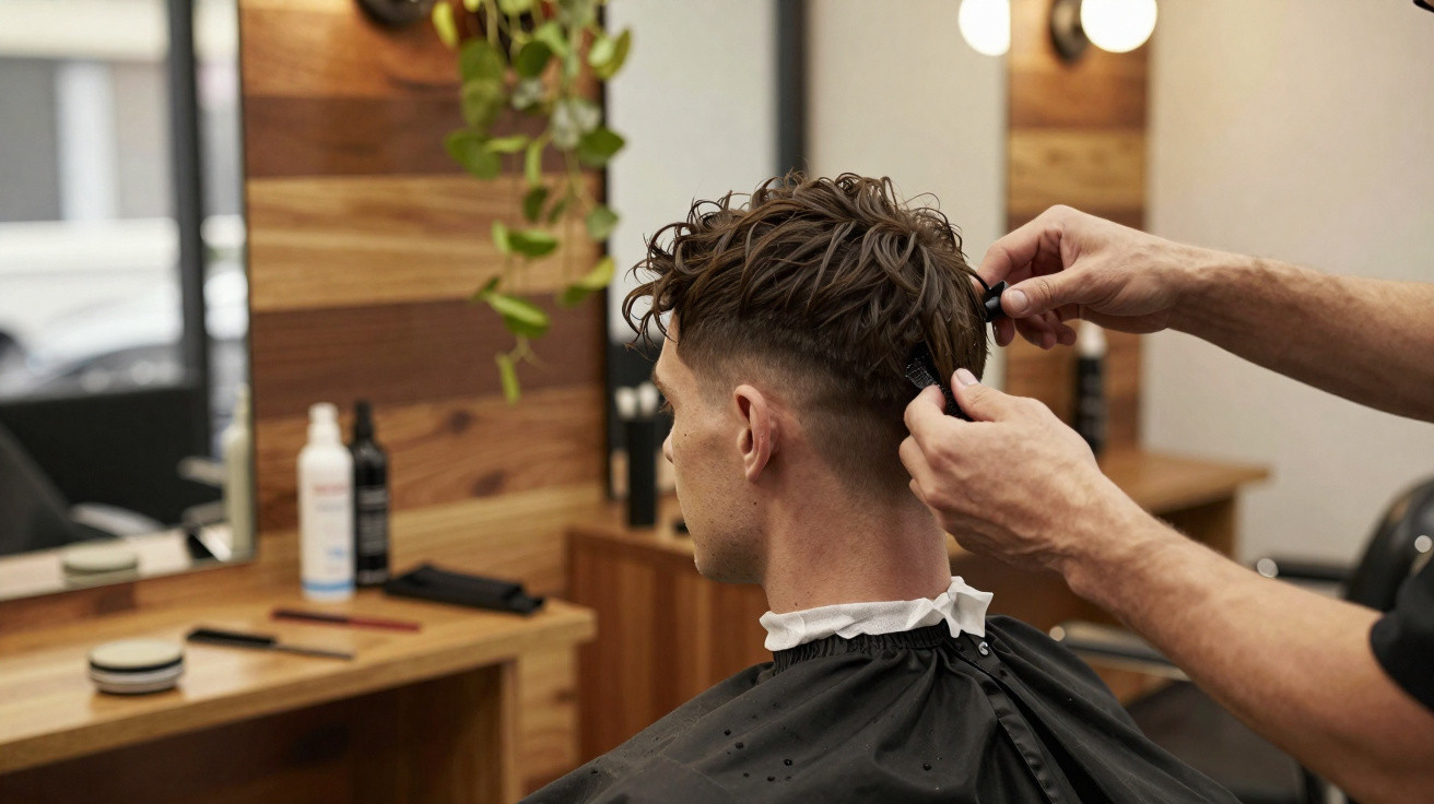 Homem cortando cabelo em salão com parede de madeira e espelhos ao fundo.