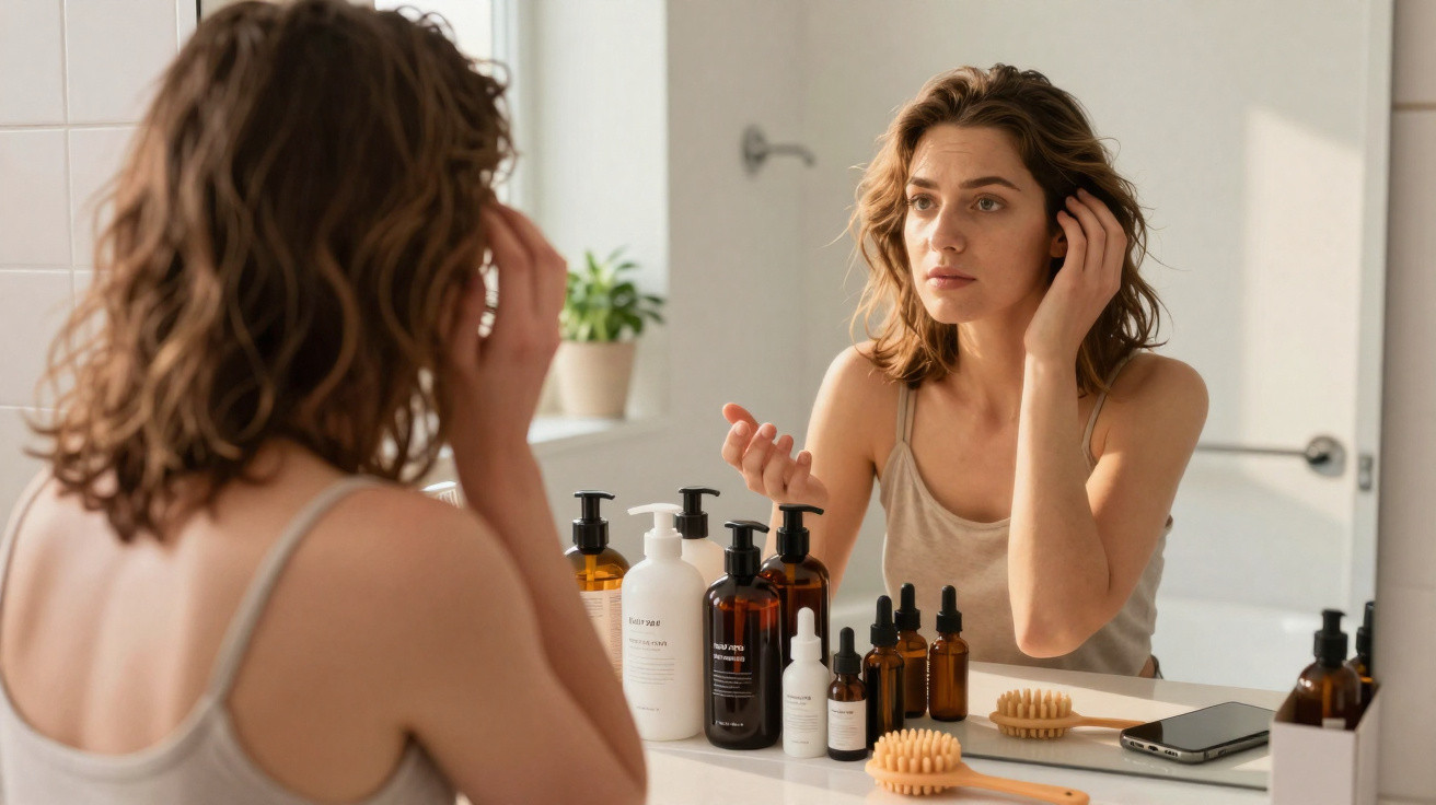Mulher olhando no espelho aplicando produto no rosto, com vários frascos de cosméticos na bancada do banheiro.
