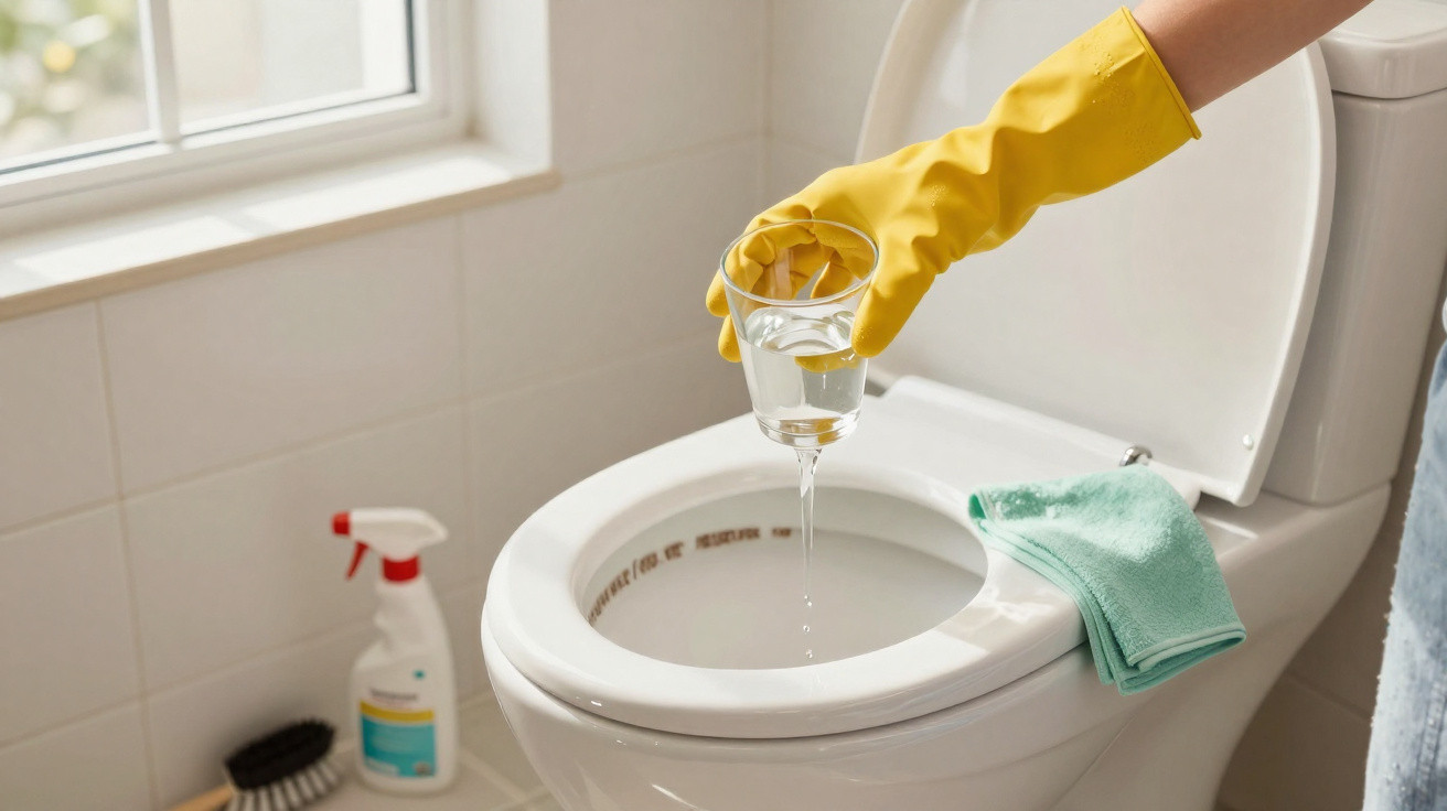 Pessoa com luva amarela derramando líquido de copo em vaso sanitário branco limpo, pano verde ao lado.