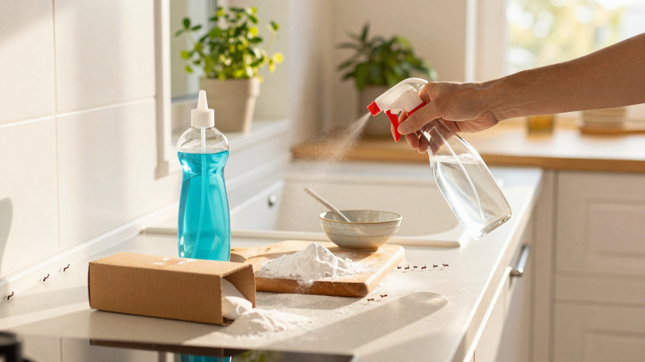 Mão borrifando água sobre bicarbonato de sódio em bancada de cozinha branca com utensílios e planta ao fundo.