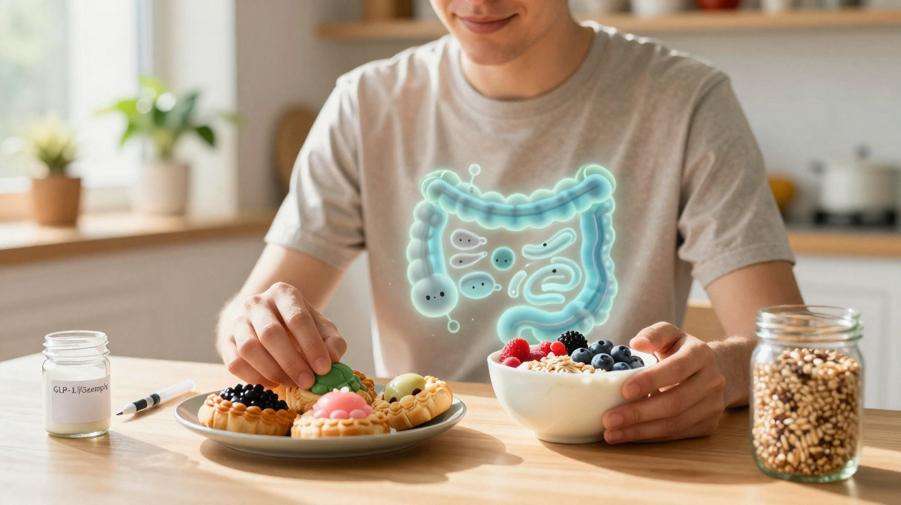 Pessoa comendo alimentos saudáveis, com ilustração do sistema digestivo e probióticos sobreposto ao corpo.