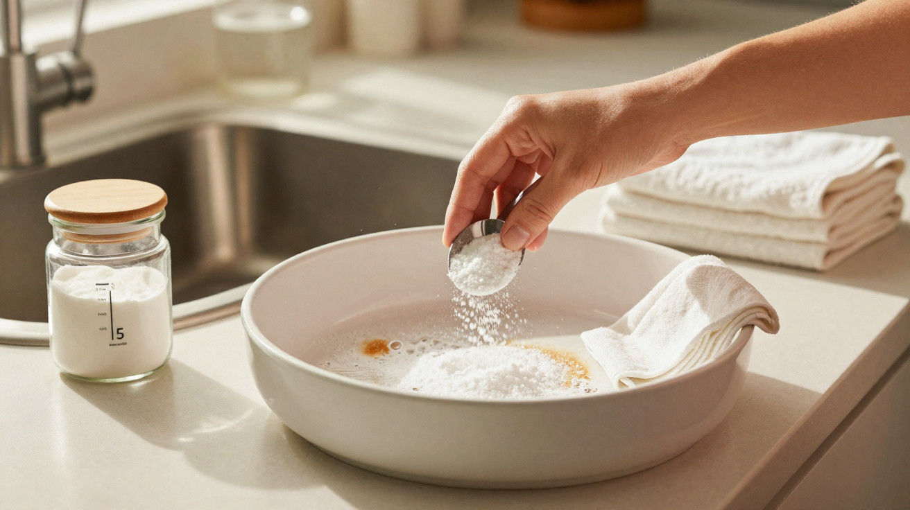 Mão adicionando bicarbonato de sódio em tigela com ingredientes para limpeza em bancada de cozinha.