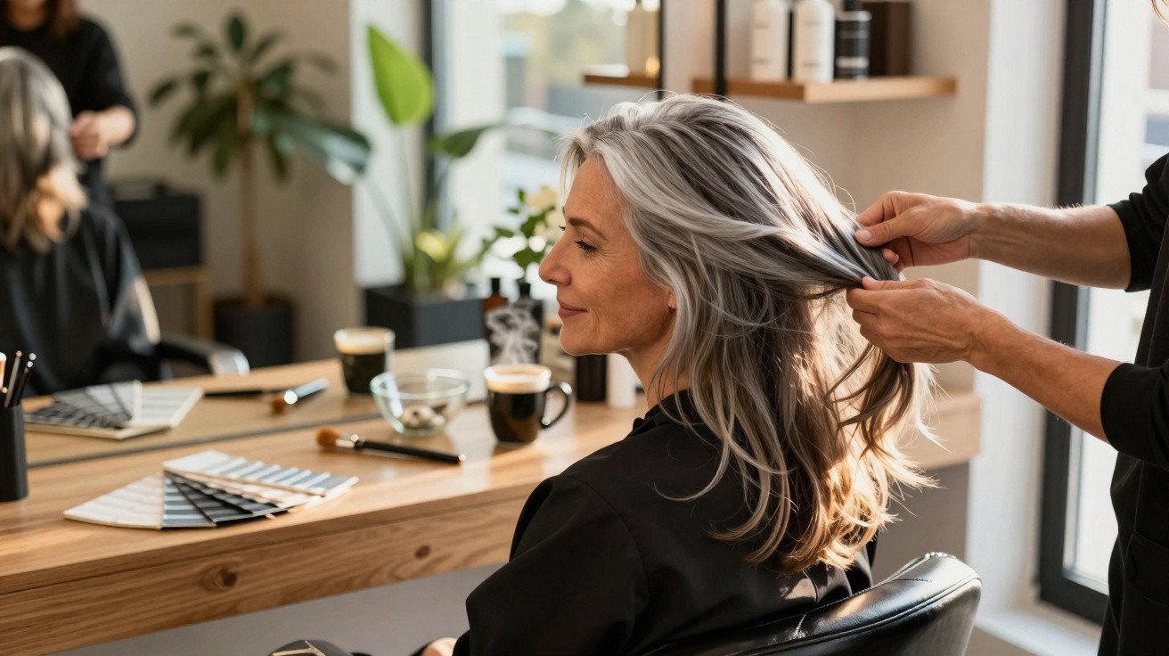 Mulher madura sorridente tendo o cabelo penteado em salão de beleza moderno e iluminado.