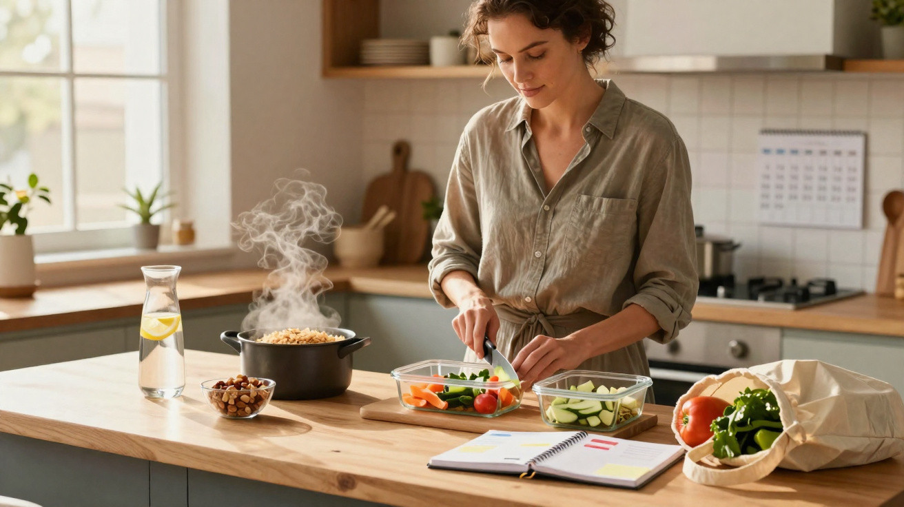 Mulher cortando vegetais na cozinha com panela de comida quente e vegetais frescos na bancada.