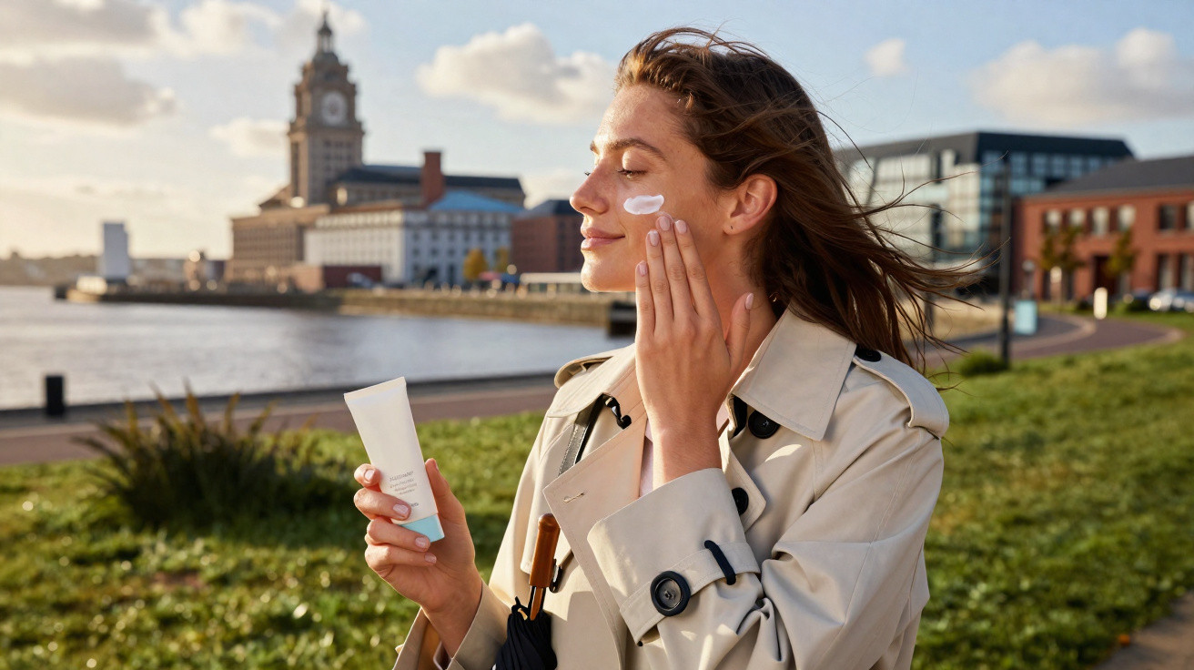 Mulher aplicando creme facial ao ar livre em ambiente urbano com roupas claras e vento no cabelo.