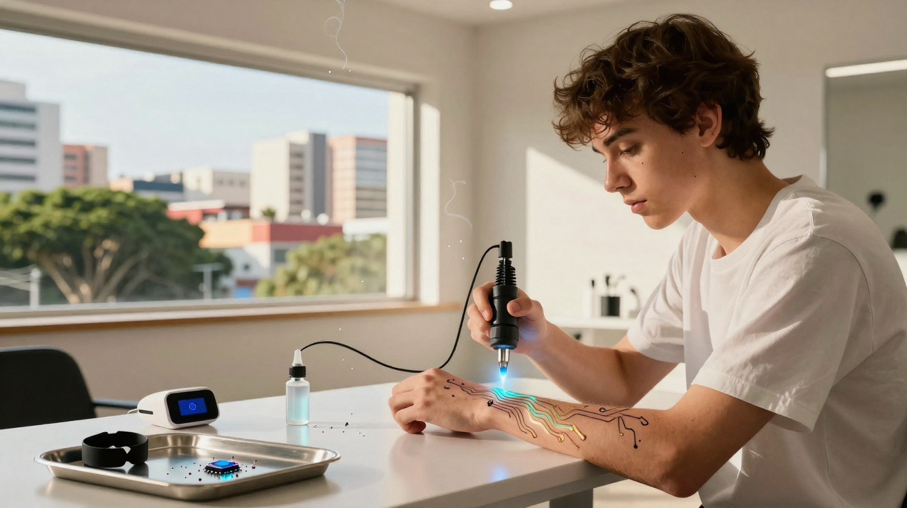 Homem jovem fazendo tatuagem eletrônica azul na mão e braço em ambiente iluminado.