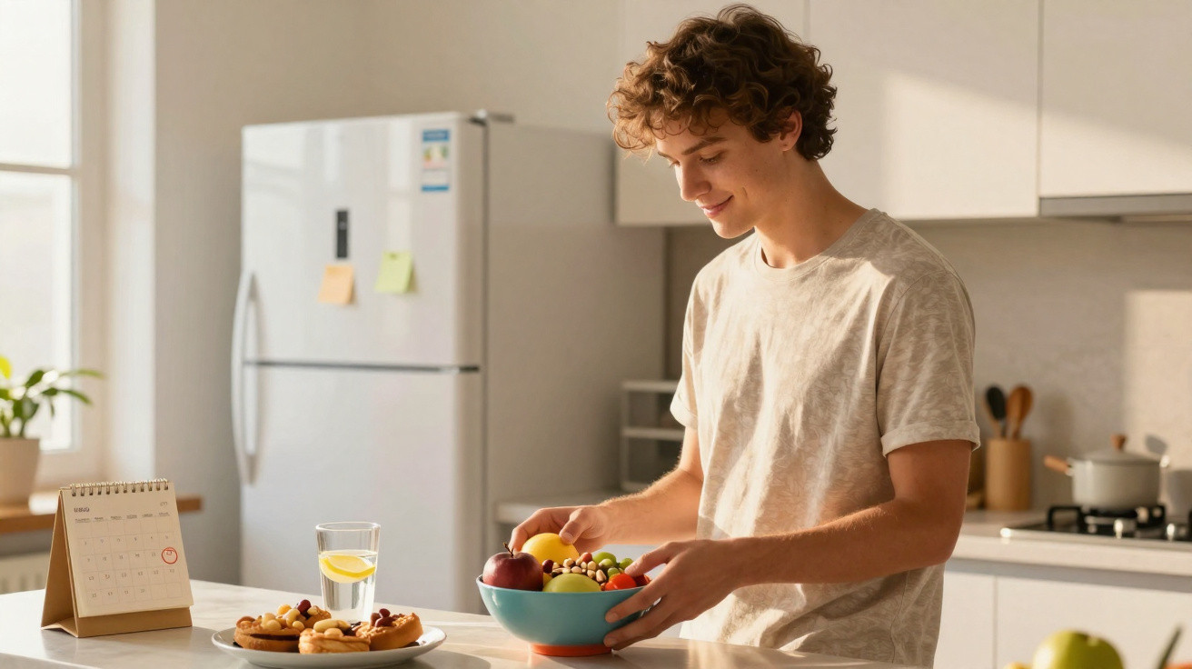 Jovem colocando frutas em tigela na cozinha, com biscoitos e copo de água na bancada.