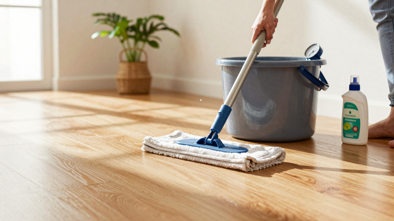 Pessoa limpando piso de madeira com mop úmido, balde cinza e produto de limpeza ao lado em ambiente iluminado.