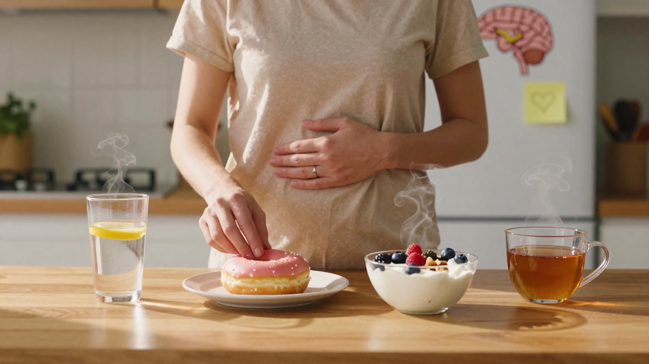 Pessoa segurando a barriga e escolhendo entre rosquinha, iogurte com frutas, chá quente e água com limão.