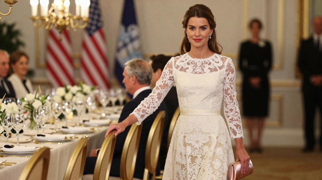 Mulher vestida com vestido branco de renda em cerimônia formal com bandeiras dos EUA ao fundo.