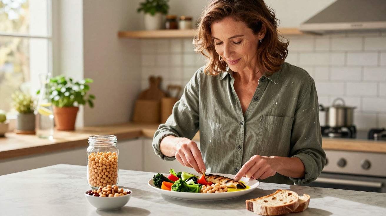 Mulher sorrindo prepara prato saudável com legumes, grão-de-bico e pão na cozinha iluminada.