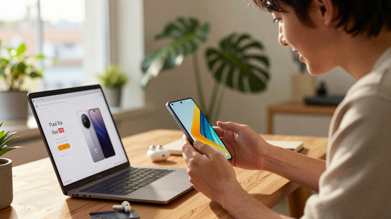 Pessoa olhando para smartphone à mesa, com notebook aberto mostrando site de smartphones.