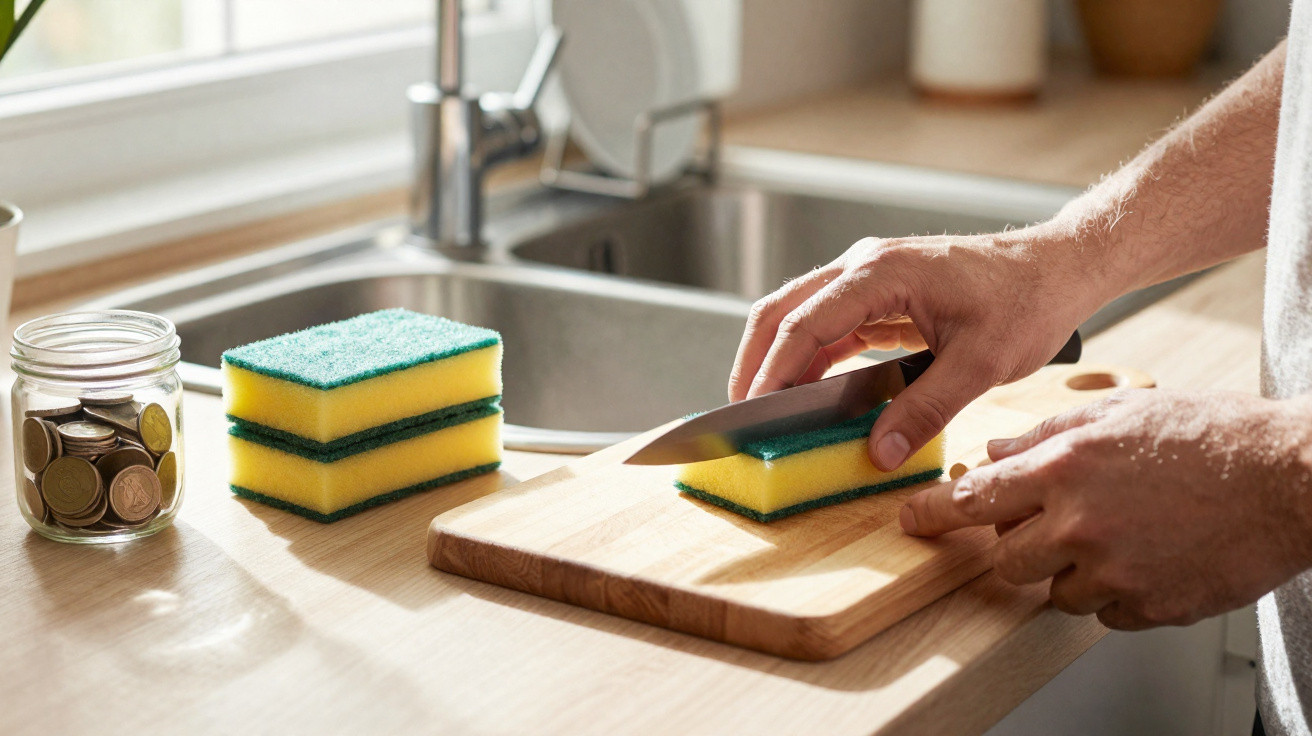 Mãos cortando uma esponja amarela com parte verde na tábua de madeira na cozinha, próximo a pia e jarro com moedas.