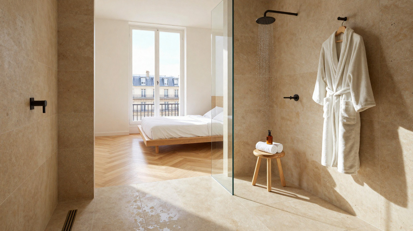 Banheiro minimalista com parede de pedra, roupão branco pendurado e vista para quarto iluminado.