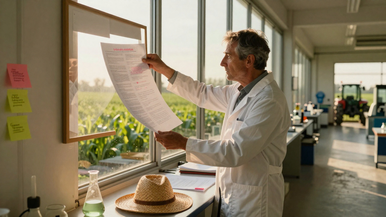 Cientista em jaleco examina documento destacando texto em laboratório agrícola com campo de milho ao fundo.