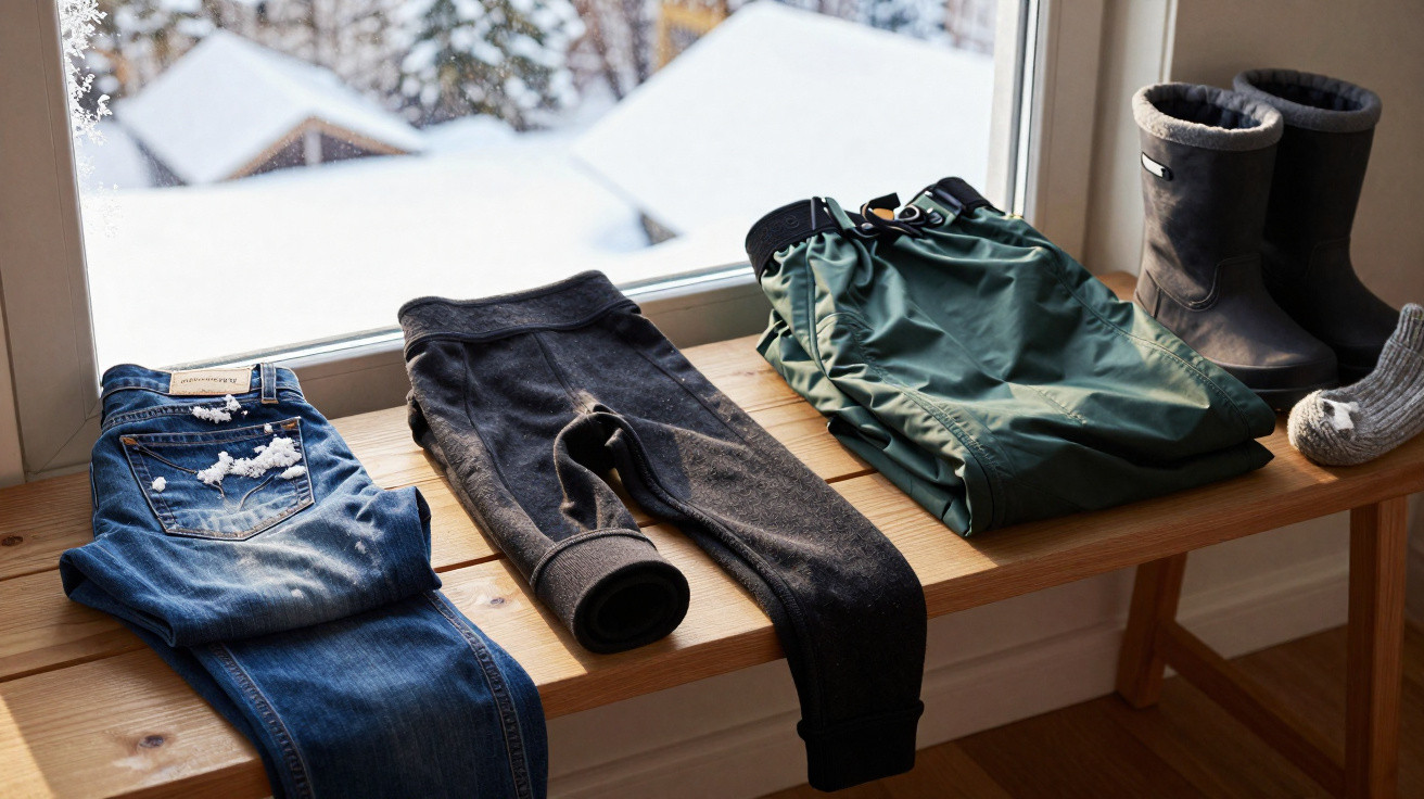 Roupas de inverno dobradas e botas sobre banco de madeira junto à janela com neve do lado de fora.