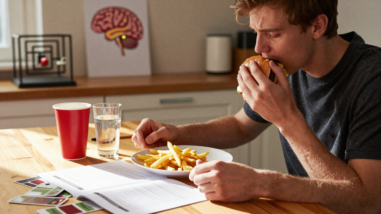 Jovem comendo hambúrguer e batatas fritas enquanto estuda em mesa com copos de água e café.