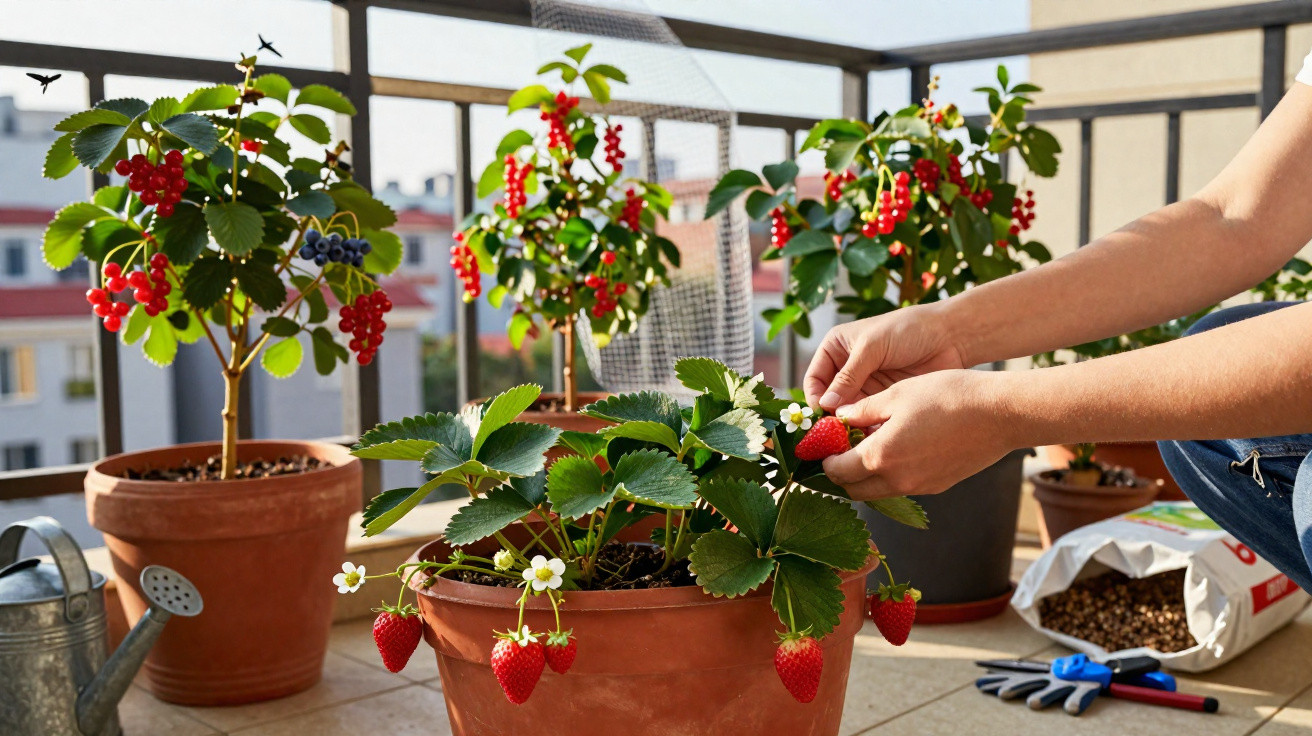 Pessoa colhendo morango de vaso em varanda com mais plantas e utensílios de jardinagem ao redor.