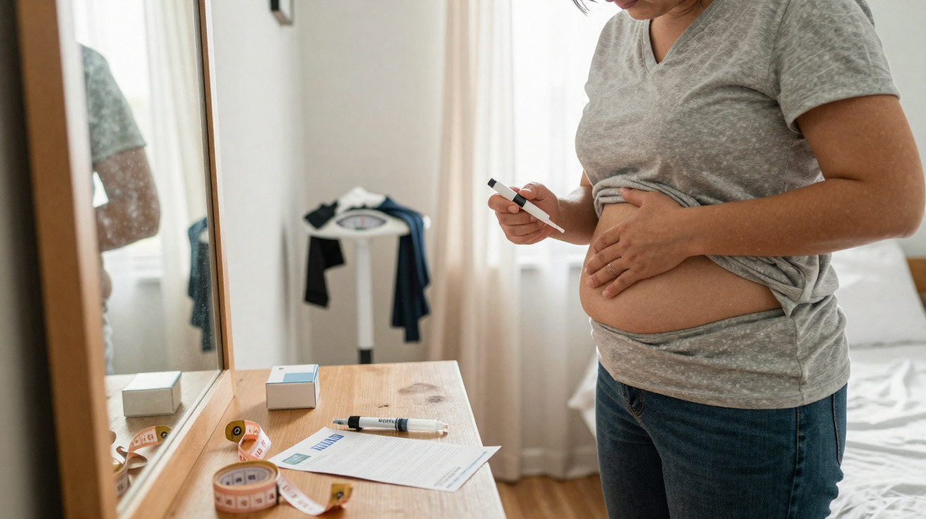 Mulher segurando teste de gravidez positivo olhando para a barriga em um quarto iluminado.