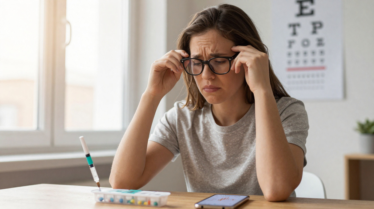 Mulher com expressão preocupada ajusta óculos na mesa com remédios e celular, perto de tabela de visão.