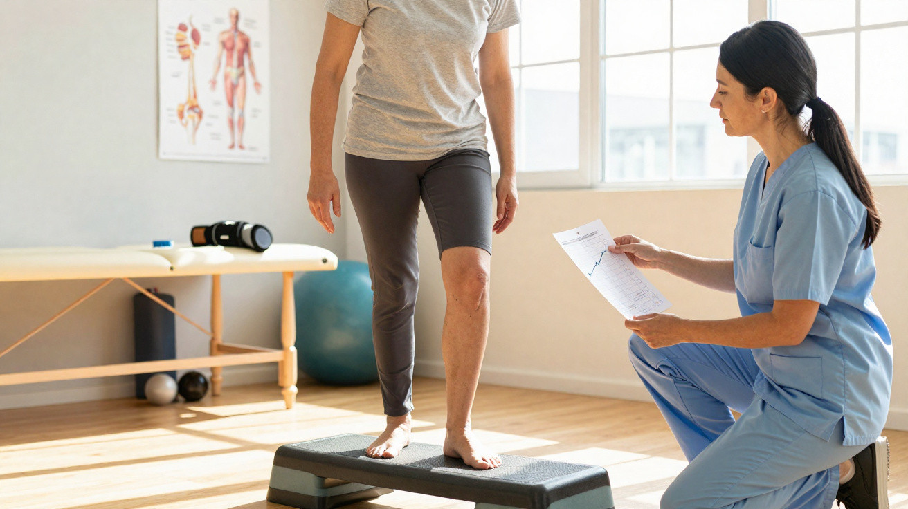 Pessoa fazendo exercício de fisioterapia com orientações de profissional de saúde em clínica.