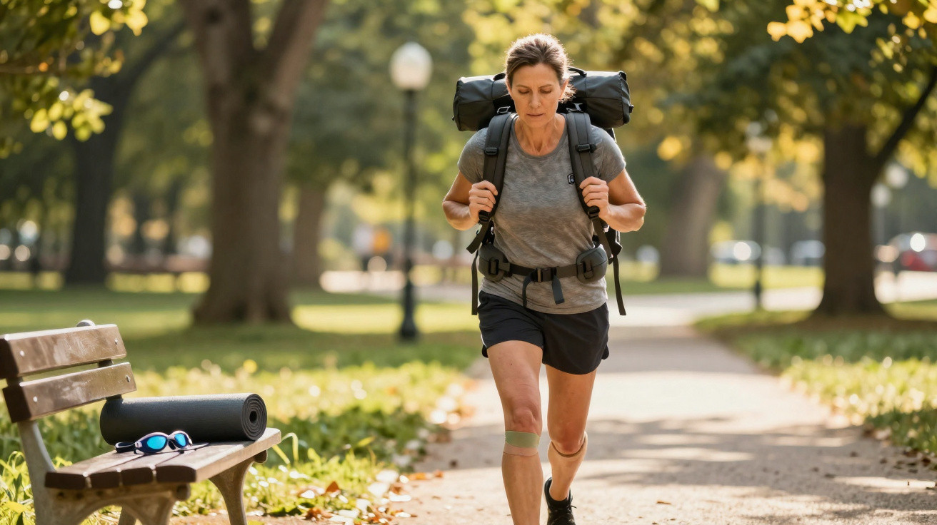 Mulher caminhando com mochila grande em parque ensolarado, perto de banco com tapete e óculos.