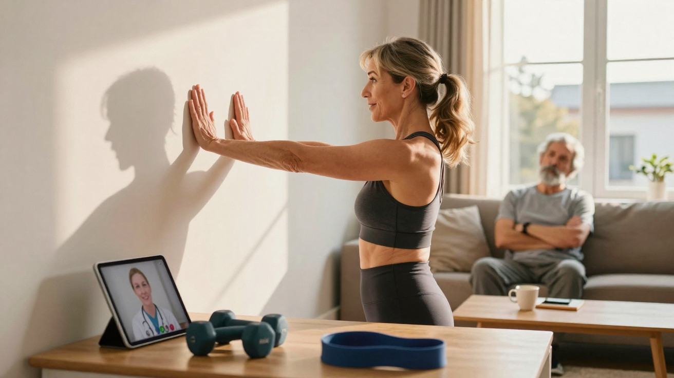 Mulher faz exercícios na parede acompanhando treino online, homem sentado no sofá ao fundo em sala iluminada.