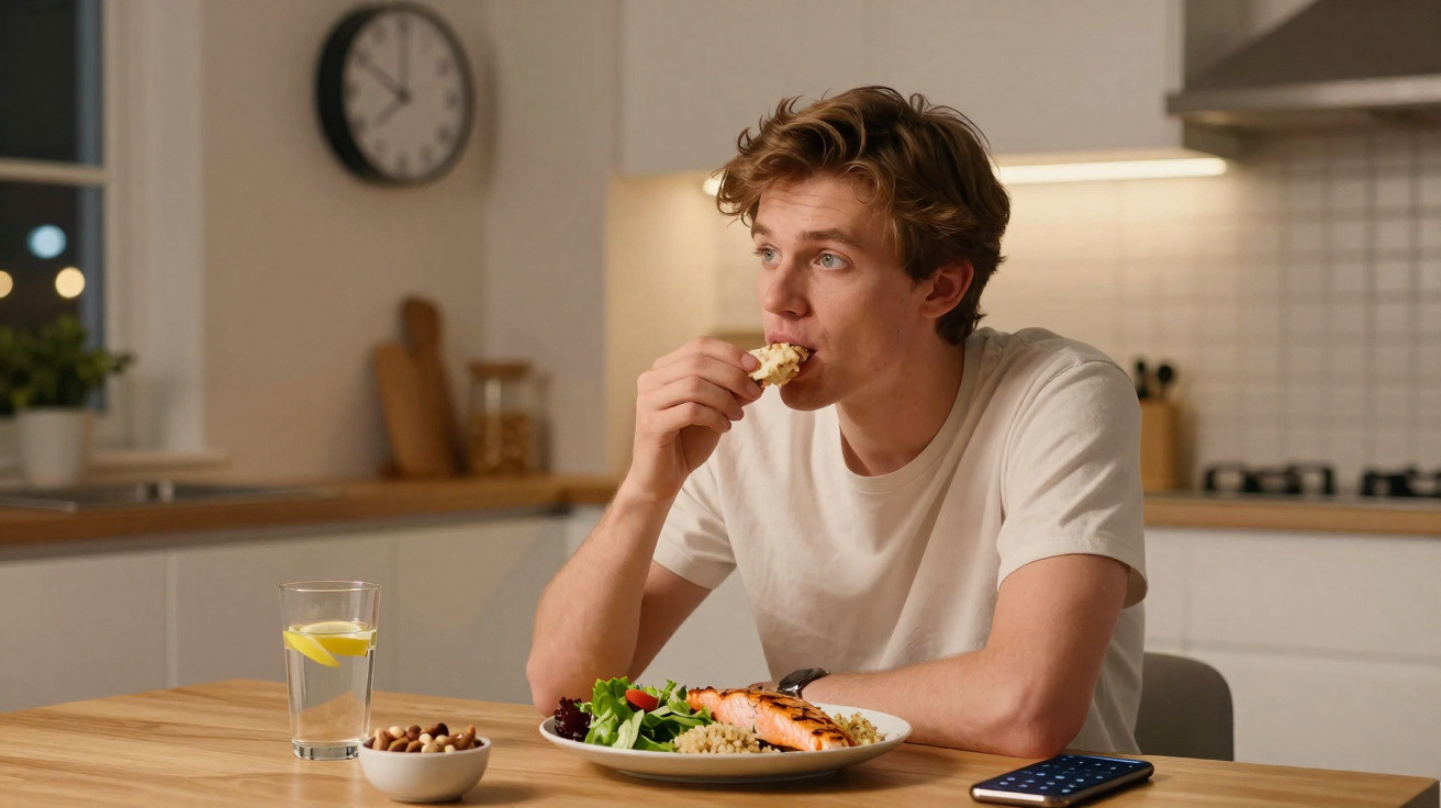 Jovem sentado à mesa na cozinha, comendo pão e tendo prato com salmão, salada e arroz à sua frente.
