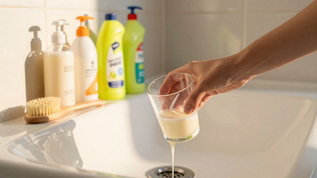 Pessoa despejando líquido branco de copo em pia com produtos de limpeza ao fundo.