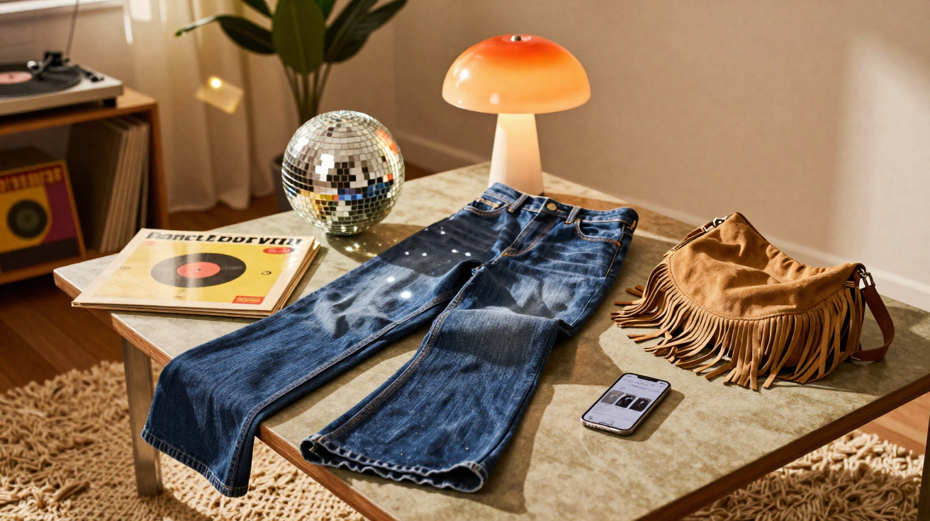 Calça jeans, bolsa de franjas, disco de vinil, bola de discoteca e luminária sobre mesa em sala.