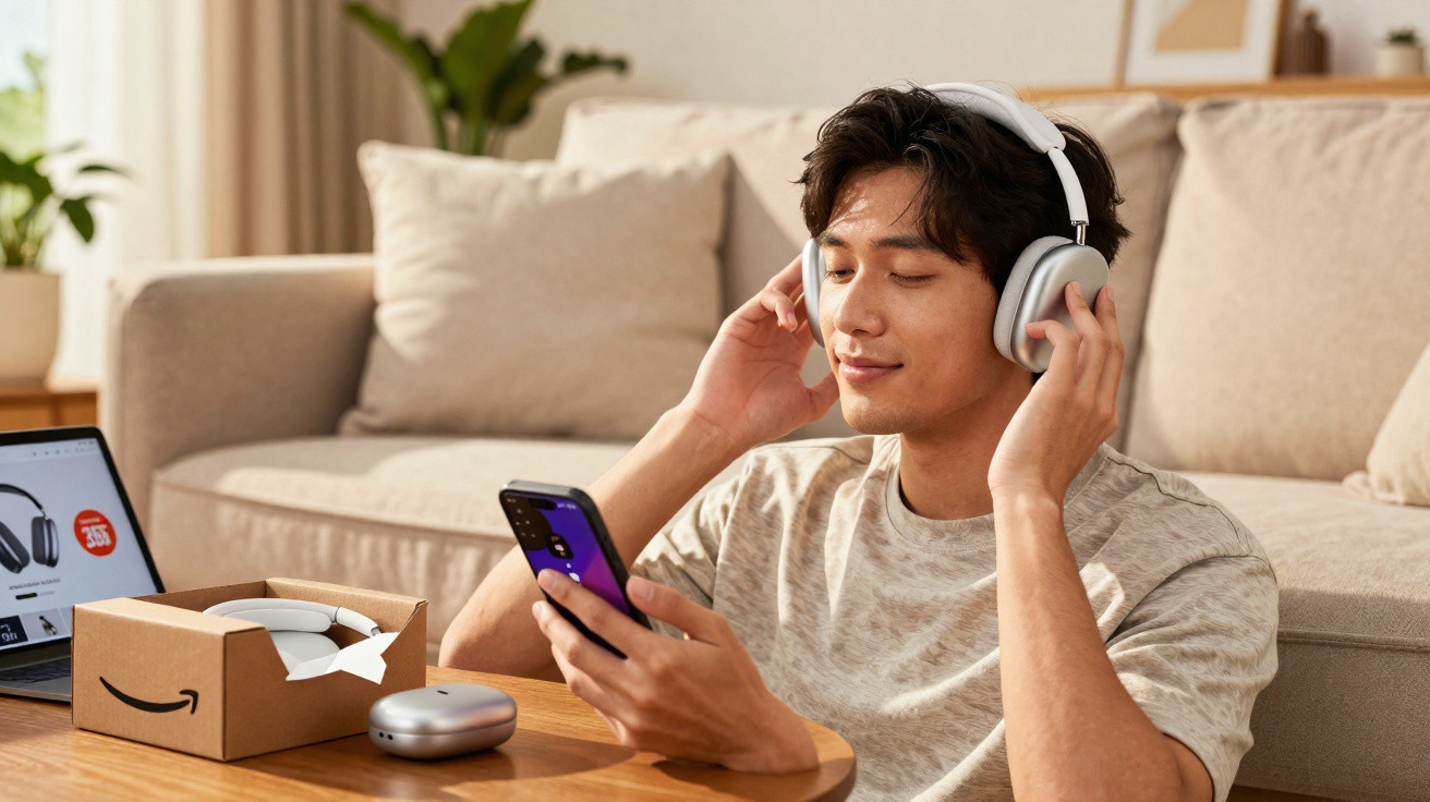 Homem sentado no sofá usando fones de ouvido sem fio enquanto olha para o celular.