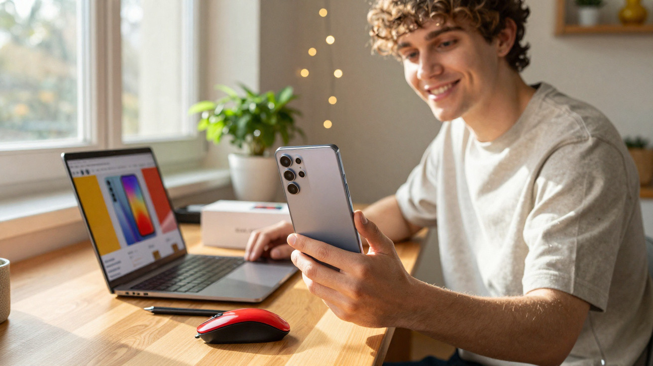 Jovem sorrindo enquanto usa smartphone e notebook em mesa com mouse e planta perto da janela.
