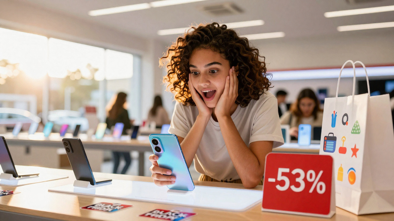 Mulher surpresa olha para celular em loja de eletrônicos com placa de desconto de 53%.