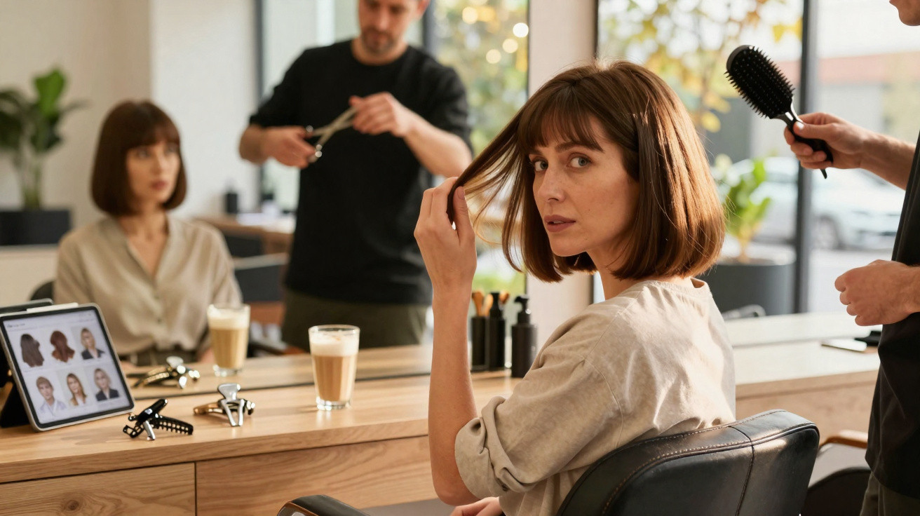 Mulher sentada em salão de beleza, olhando o cabelo curto enquanto profissional prepara tesoura e escova.