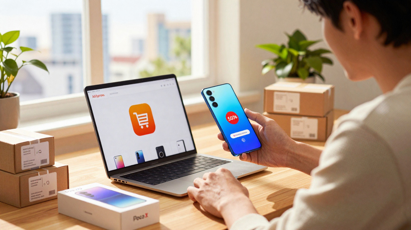 Pessoa comprando smartphone com desconto de 50% usando laptop e celular em mesa com caixas.