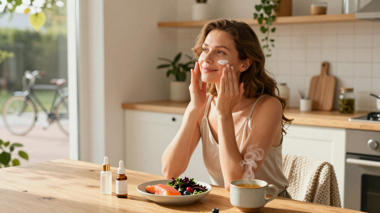 Mulher aplicando creme facial sentada à mesa com prato de comida e xícara de café na cozinha iluminada.